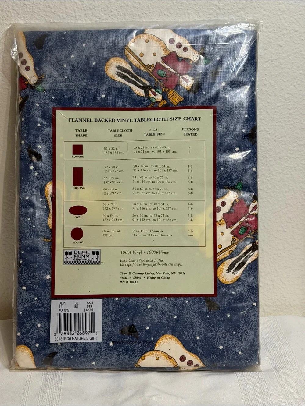 DEBBIE MUMM 60” ROUND FLANNEL BACK VINYL TABLECLOTH CHRISTMAS SNOWMAN HOLIDAY